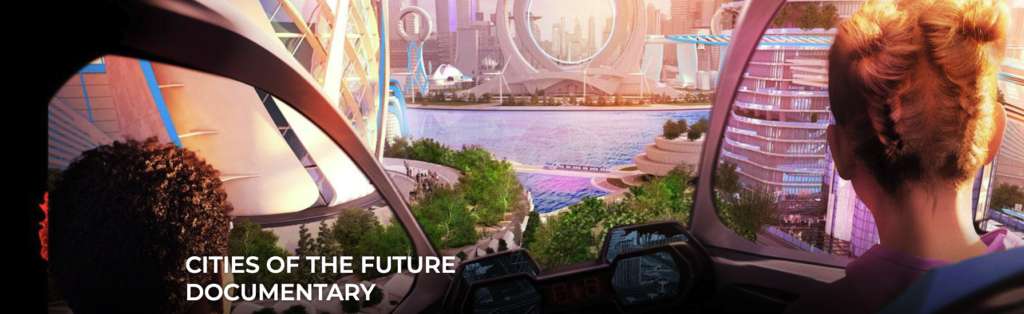 Cities of the future documentary with futuristic city and two people looking out at it